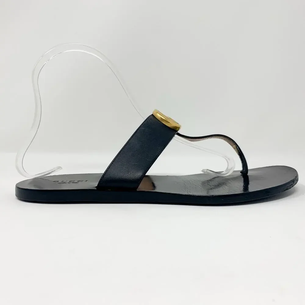Gucci Marmont GG Black Leather Thong Sandals Gold Logo EU 38.5